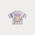 Gray t-shirt with colorful text and graphics on a white background